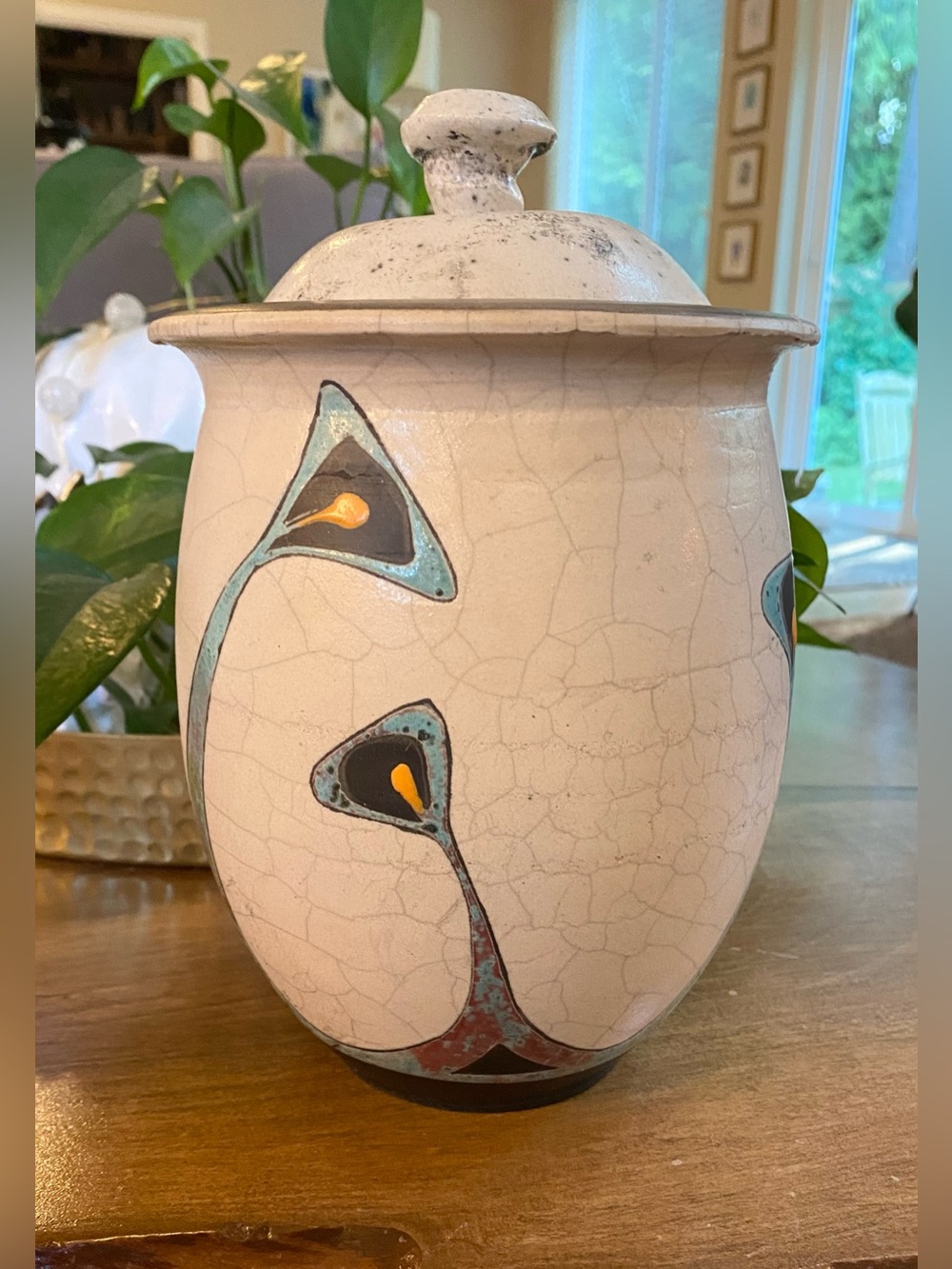 Raku Pottery Vessel Vase Canister w Lid Abstract Aqua Black Cream Signed SG 8.5”